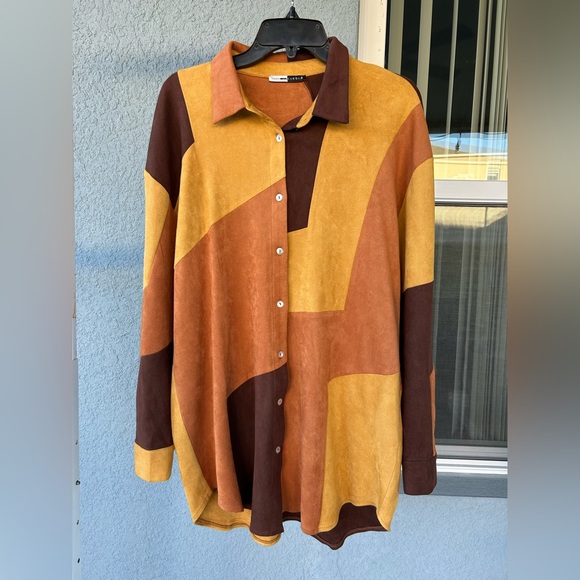 Fashion Nova x Cardi B Retro Faux Suede Stretchy Color Block Shirt Dress 1X - Picture 2 of 5